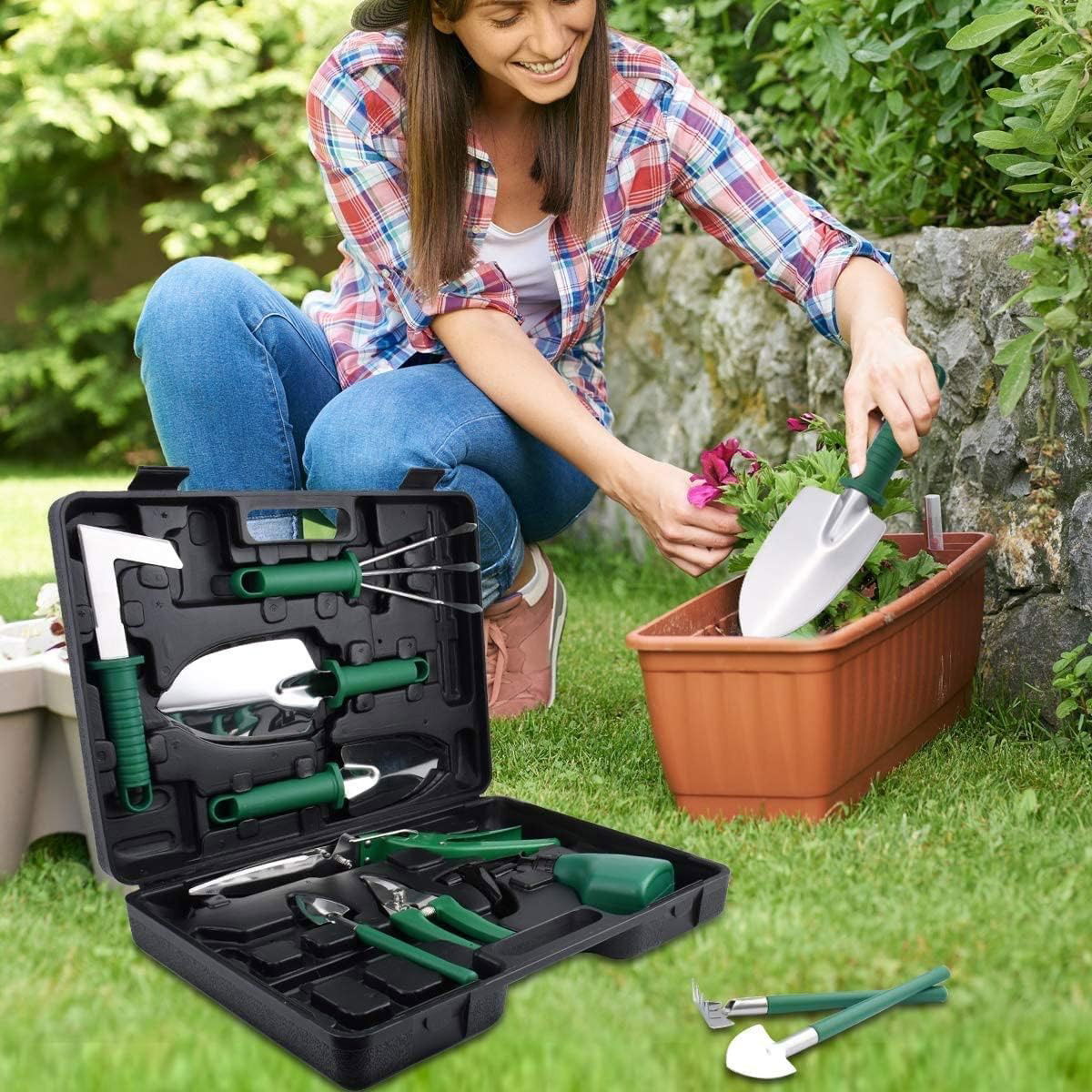 Articole pentru Gradina si Bricolaj - Set 10 Unelte de Gradina, Flippy, pentru Plantare Prelucrare Sol si Ingrijire Plante, Manere Verzi, Material PVC si Otel Inoxidabil, Cutie Inclusa, 37x28x7 cm, Negru
