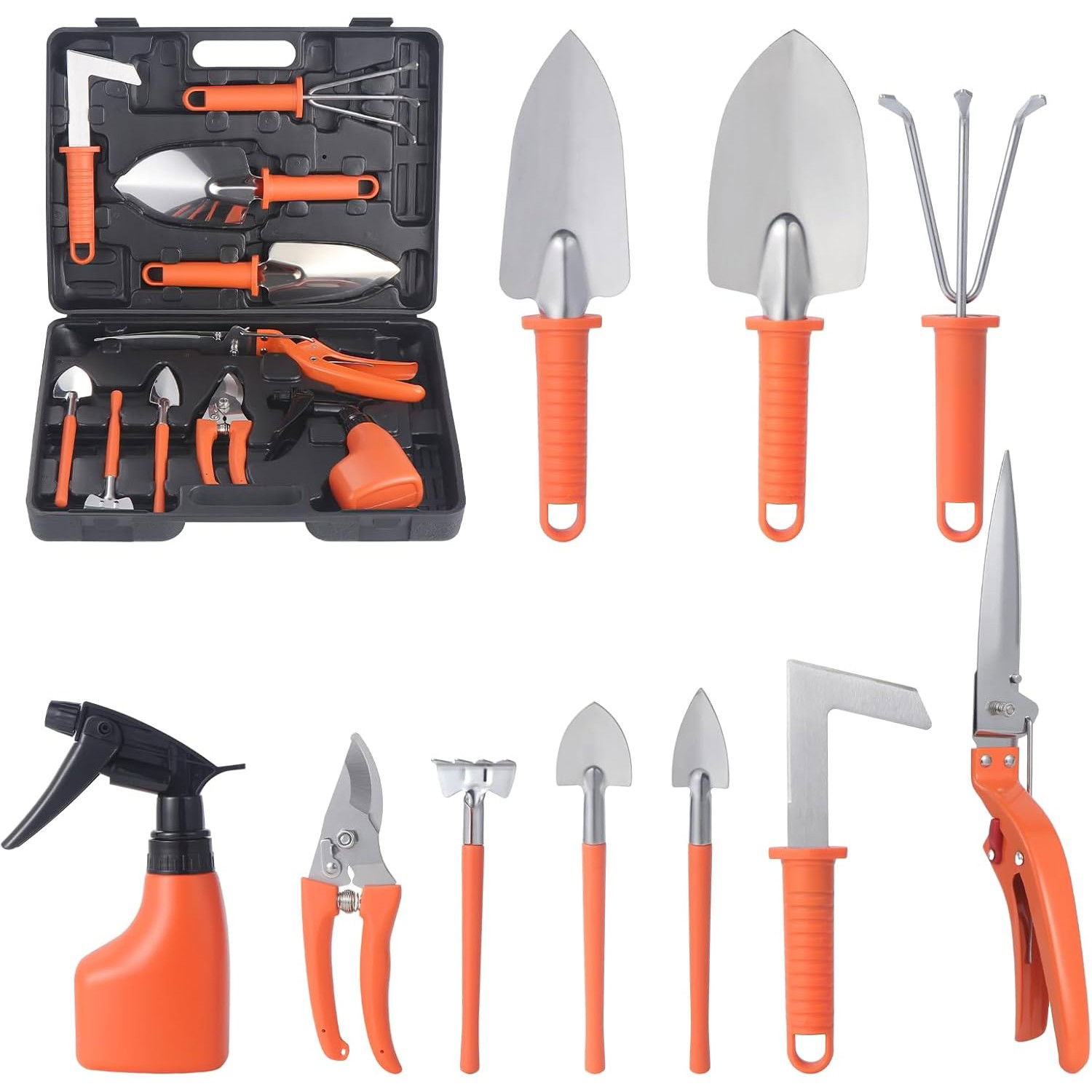Articole pentru Gradina si Bricolaj - Set 10 Unelte de Gradina, Flippy, pentru Plantare Prelucrare Sol si Ingrijire Plante, Manere Portocalii, Material PVC si Otel Inoxidabil, Cutie Inclusa, 37x28x7 cm, Negru