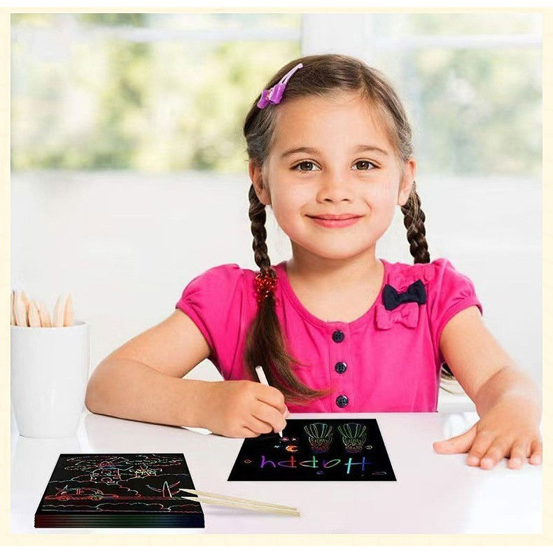 Carnetele Razuibile - Set 100 de Foi de Hartie de Razuit, Flippy, cu Creion din Bambus, pentru Desen, 8.5 x 8.5, Curcubeu, Negru