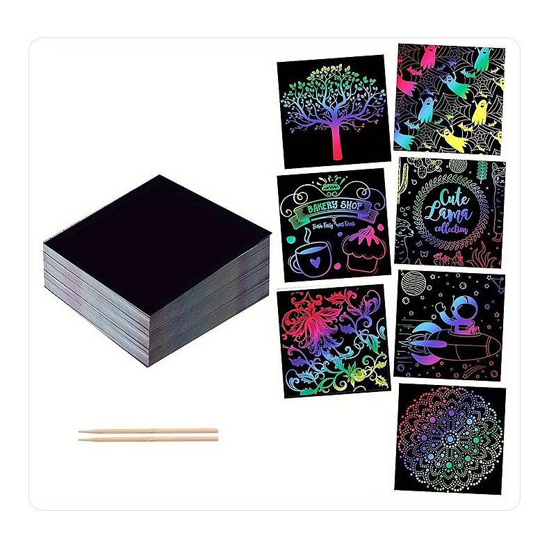 Carnetele Razuibile - Set 100 de Foi de Hartie de Razuit, Flippy, cu Creion din Bambus, pentru Desen, 8.5 x 8.5, Curcubeu, Negru