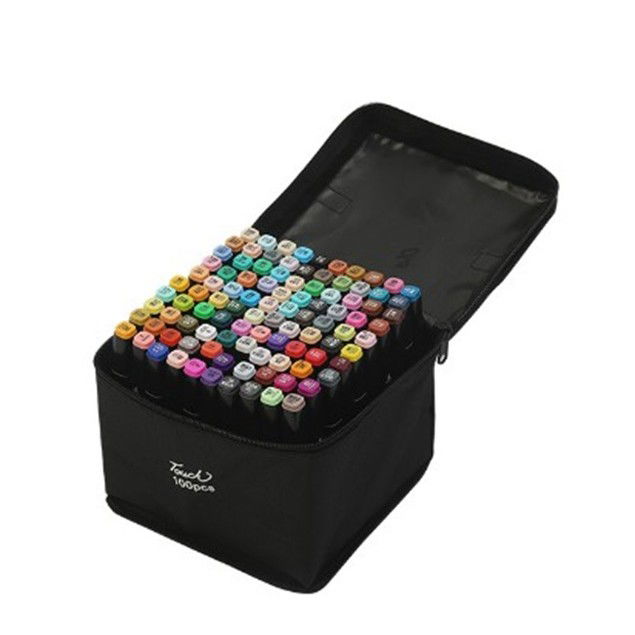 Markere si Set Desen - Set 100 Markere Duble, Flippy, pe Baza de Alcool, Geanta Impermeabila Inclusa, Culori Numerotate, 17 x 17.5 x 13.7 cm, Multicolor