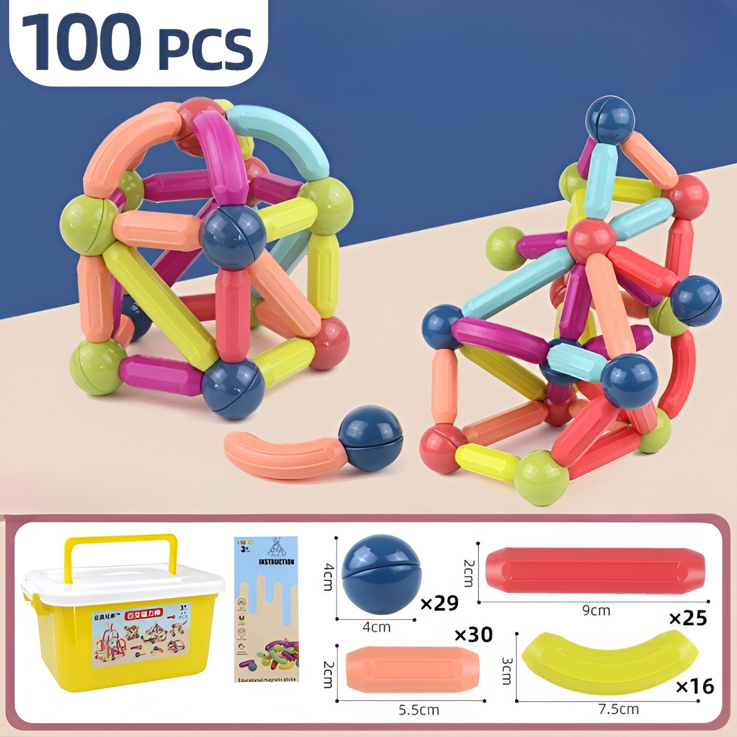 Set 100 Piese Magnetice de Constructie, Flippy, Magnetic Sticks, Bastonase si Bile, 3 Ani, ABS, Magnet, 24 x 18.5 x 14 cm, Multicolor [5]