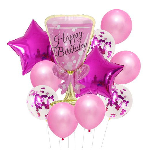 Petrecere - Set baloane Happy Birthday, Flippy, set din 11 bucati, Balon Pahar 93 cm, 2 baloane stea 45 cm, 5 baloane latex 30 cm, 3 baloane cu paiete 30 cm, Mov