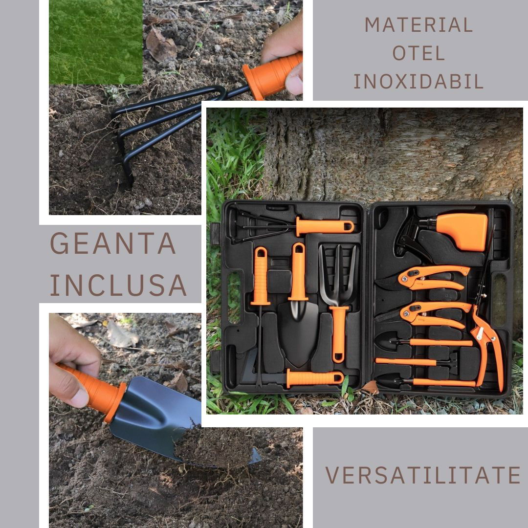 Set 12 accesorii pentru gradinarit Flippy, geanta depozitare inclusa, otel inoxidabil, 37 x 27 cm, portocaliu [3]