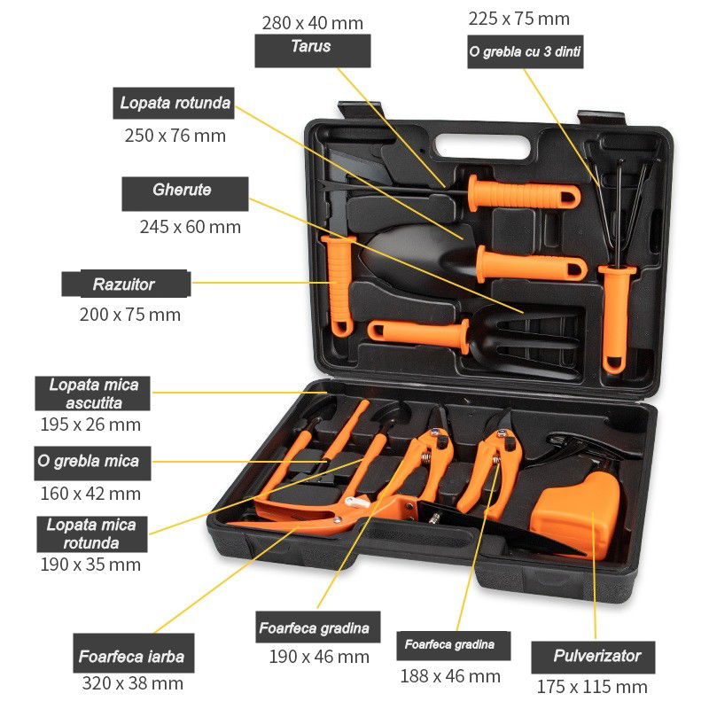 Articole pentru Gradina si Bricolaj - Set 12 accesorii pentru gradinarit Flippy, geanta depozitare inclusa, otel inoxidabil, 37 x 27 cm, portocaliu