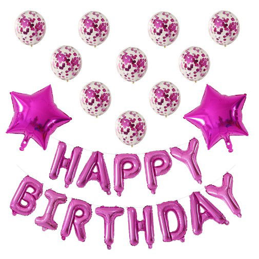 Petrecere - Set 12 Baloane si 1, Set pentru Aniversare, mesaj Happy Birthday, din folie de aluminiu, 30 -45 cm, Cu paiete, latex si folie, Roz