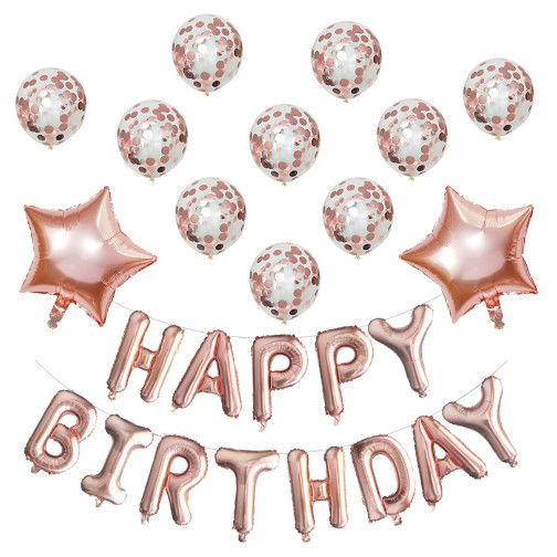 Seturi Baloane Folie - Set 12 Baloane si 1, Set pentru Aniversare, mesaj Happy Birthday, din folie de aluminiu, 30 -45 cm, Cu paiete, latex si folie, Rose Gold