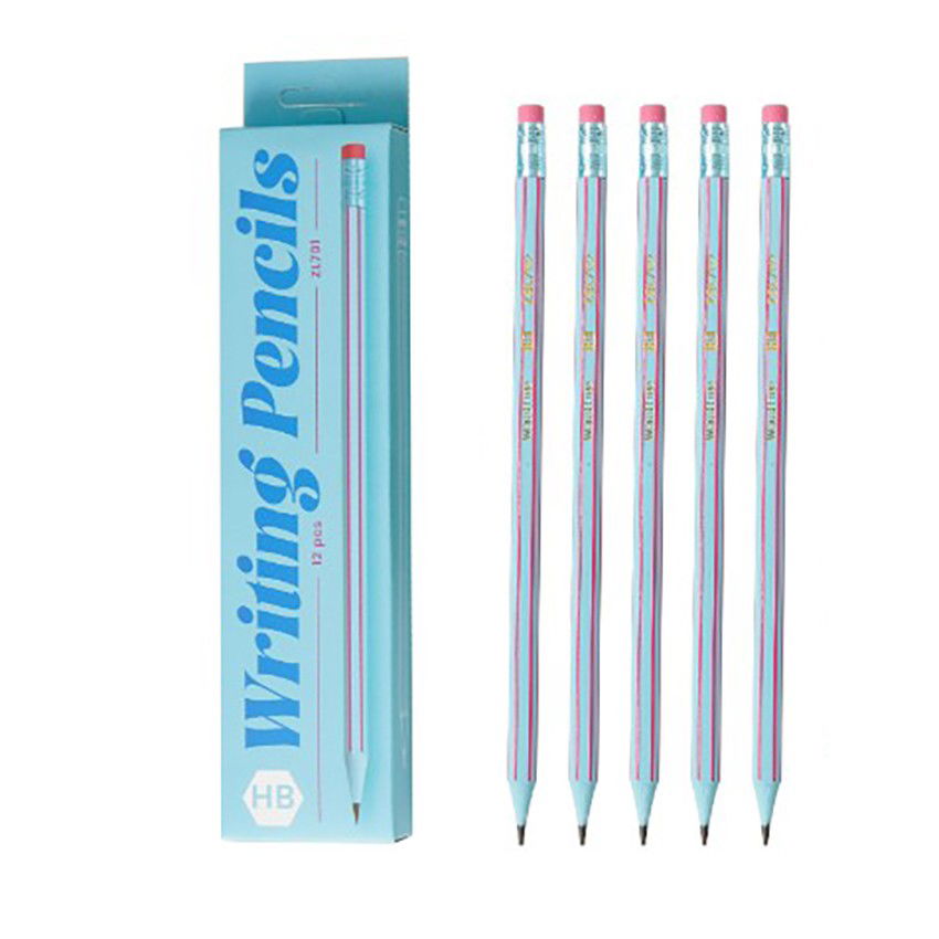 Set 12 Creioane Negre, Flippy, HB, pentru Scoala, cu Radiera, Model Albastru Deschis-Roz, 19 cm [1]