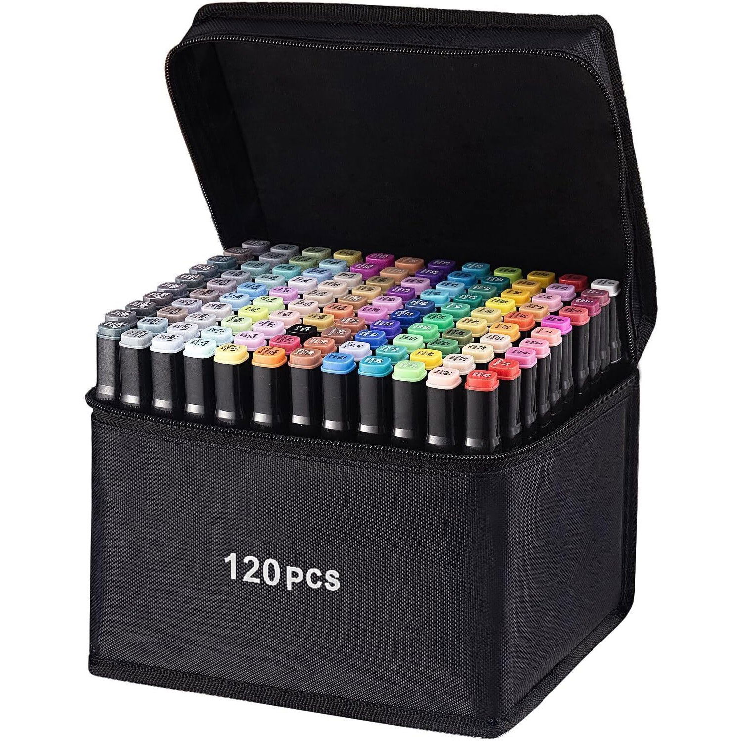 50 - 100 LEI - Set 120 Markere Duble, Flippy, pe Baza de Alcool, Geanta Impermeabila Inclusa, Culori Numerotate, 20.3 x 17.5 x 17 cm, Multicolor