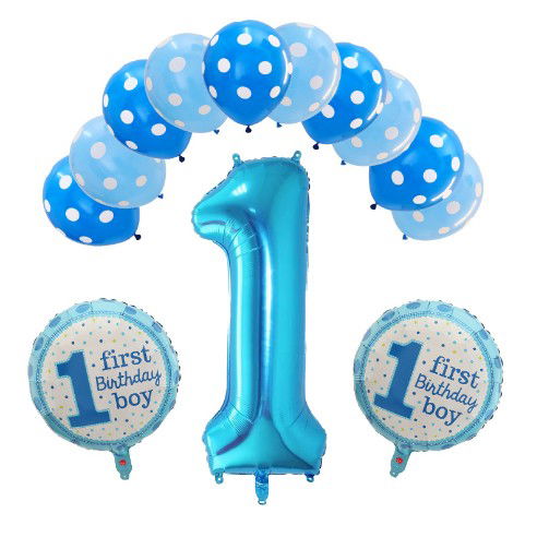 Tematica Fata/Baiat - Set 13 baloane, pentru Prima Aniversare, 10 baloane latex, 2 baloane rotunde folie, cifra 1, albastru