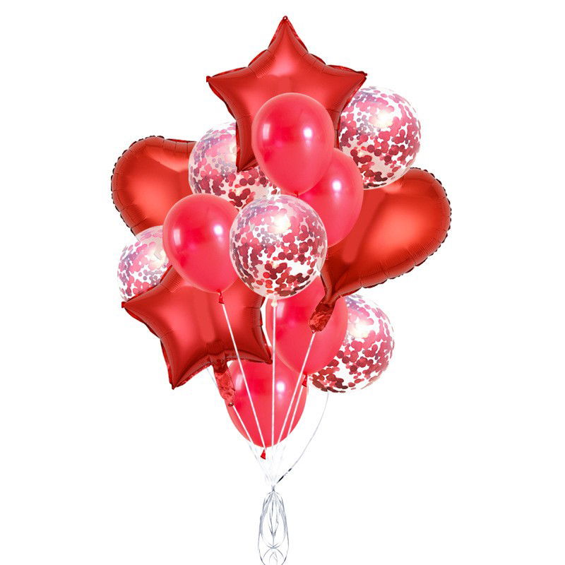 Petrecere - Set 14 Baloane din Folie Metalizată si din Latex, Flippy, Figurine Stea si Inima 45 cm, Baloane Latex 30 cm, Tema Buchet, Ambalaj Individual, Pai Inclus, Umflare cu Aer sau Heliu, Rosu