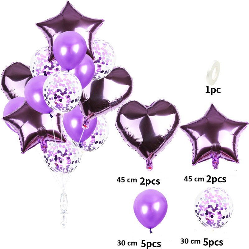 Petrecere - Set 14 Baloane din Folie Metalizată si din Latex, Flippy, Figurine Stea si Inima 45 cm, Baloane Latex 30 cm, Tema Buchet, Ambalaj Individual, Pai Inclus, Umflare cu Aer sau Heliu, Mov