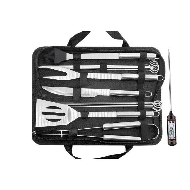 Pentru casa - Set 14 Ustensile pentru Gratar cu Termometru, Flippy, din Otel Inoxidabil, Geanta Oxford, Argintiu