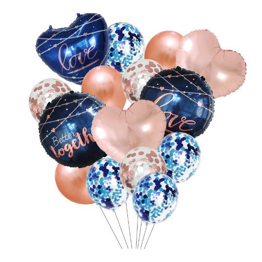Seturi Baloane Folie - Set 15 baloane pentru Nunta, Flippy, baloane pentru decor, din folie de aluminiu, 30 x 50 cm, Rose / Albastru
