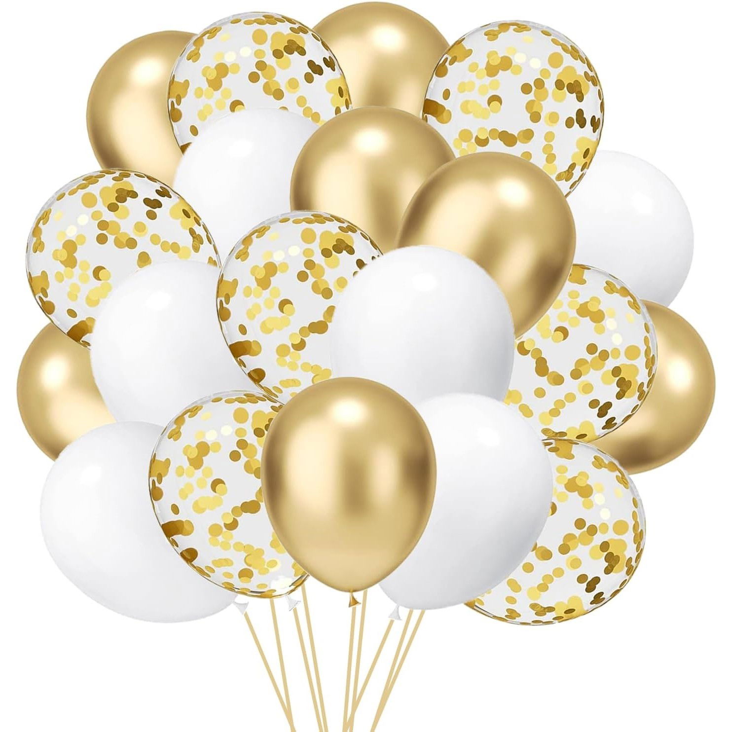 Petrecere - Set 16 Baloane din Latex, Flippy, Model Party, 30 cm, Alb, Auriu, Transparent Confetti, 2.8 g