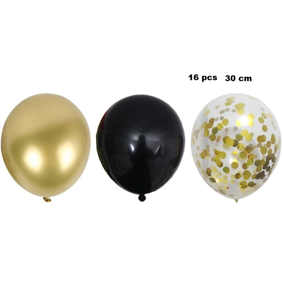 Baloane Latex - Set 16 Baloane din Latex, Flippy, Model Party, 30 cm, Auriu, Negru, Confetti, 2.8 g