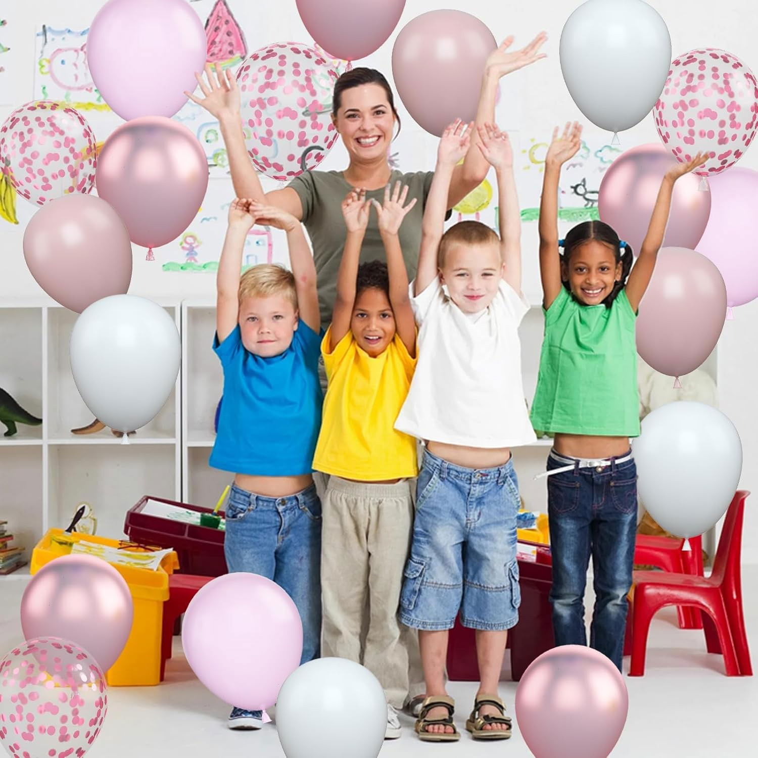 Set 16 Baloane din Latex Metalizate, Flippy, Model Party, 30 cm, Alb, Roz, Roz Chrome, Transparent Confetti 2.8 g [3]