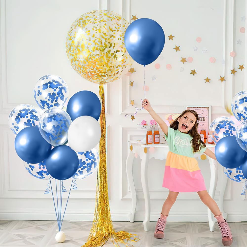 Petrecere - Set 16 Baloane din Latex Metalizate, Flippy, Model Party, 30 cm, Alb, Albastru, Albastru Chrome, Transparent Confetti 2.8 g