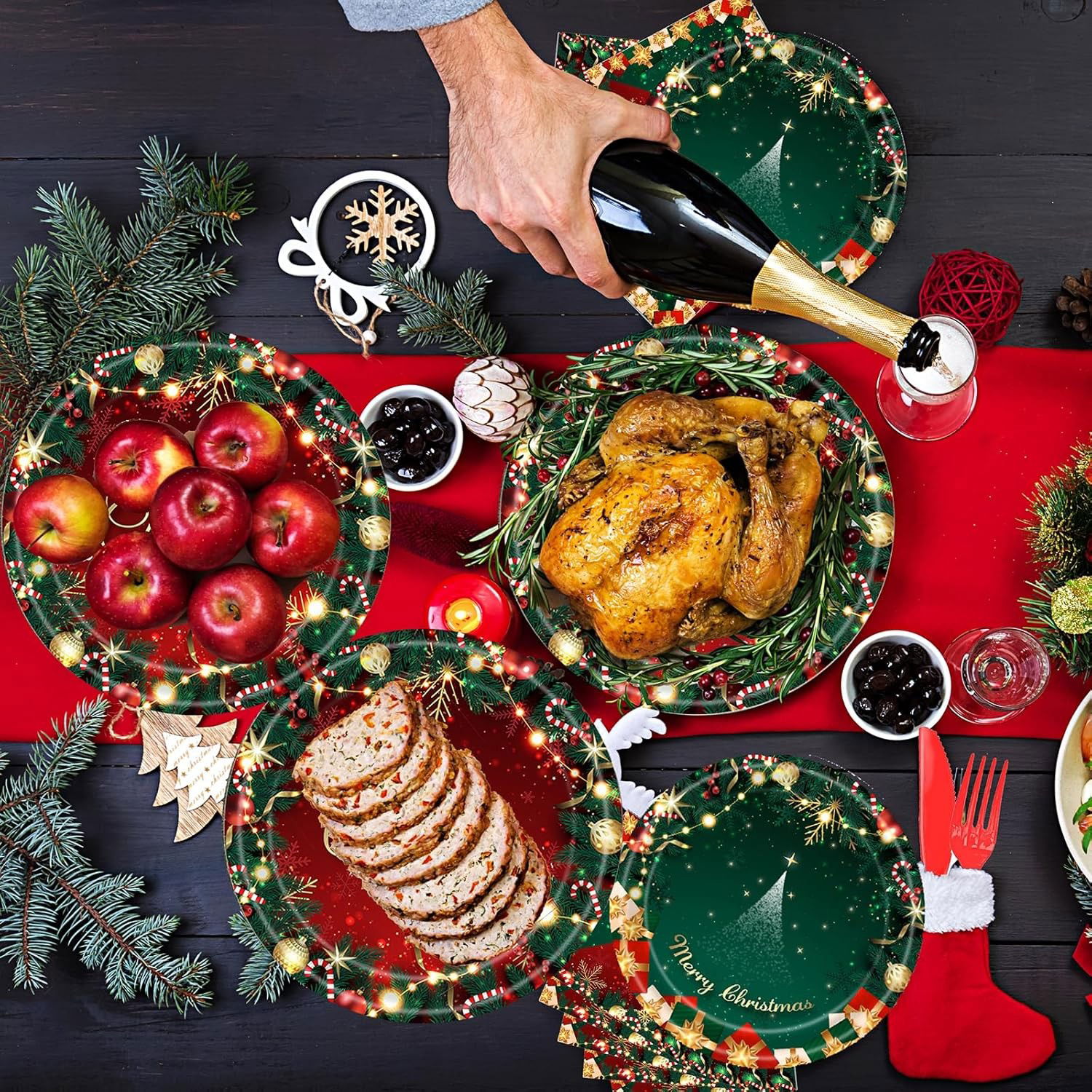 Petrecere - Set 16 Farfurii de Unica Folosinta, Flippy, Model Brad de Craciun Merry Christmas, Tematica Craciun, 18 cm, Verde