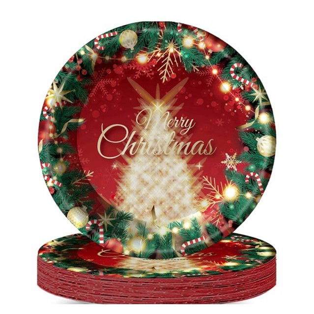 Articole Servire Masa - Set 16 Farfurii de Unica Folosinta, Flippy, Model Brad de Craciun Merry Christmas, Tematica Craciun, 23 cm, Rosu/Verde