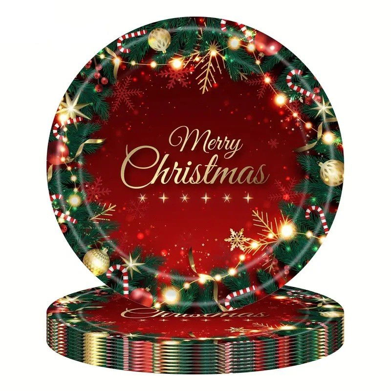 Petrecere - Set 16 Farfurii de Unica Folosinta, Flippy, Model Merry Christmas, Tematica Craciun, 23 cm, Rosu/Verde