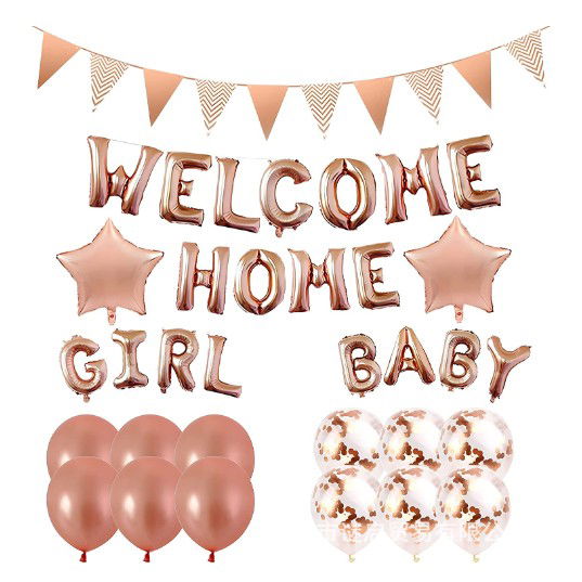 50 - 100 LEI - Set baloane folie si latex, Flippy, WELCOME HOME, 16 piese, 12 baloane latex, 2 baloane folie, 1 set Welcome Home Baby Girl,1 Banner, Rose gold