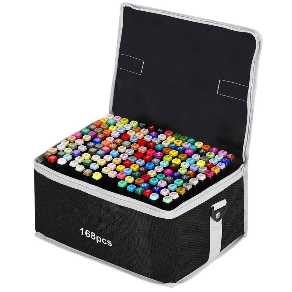 Markere si Set Desen - Set 168 Markere Duble, Flippy, pe Baza de Alcool, Geanta Impermeabila Inclusa, Culori Numerotate, 23 x 16 x 20 cm, Multicolor