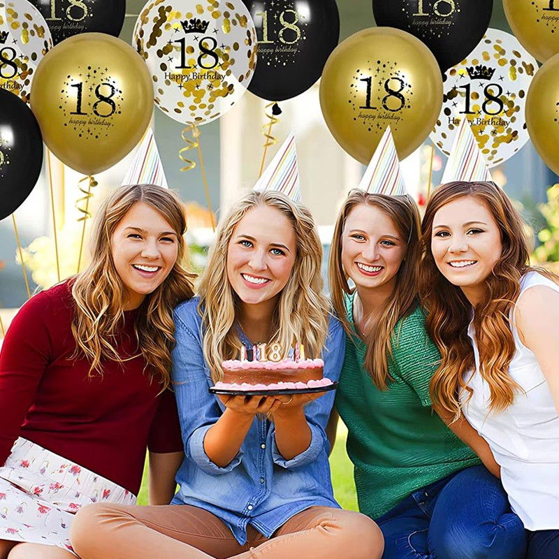 Baloane Latex - Set 18 Baloane Majorat, Flippy, din Latex, Metalizate, Mesaj 18 Happy Birthday, 30 cm, cu Confetti, Auriu/Negru