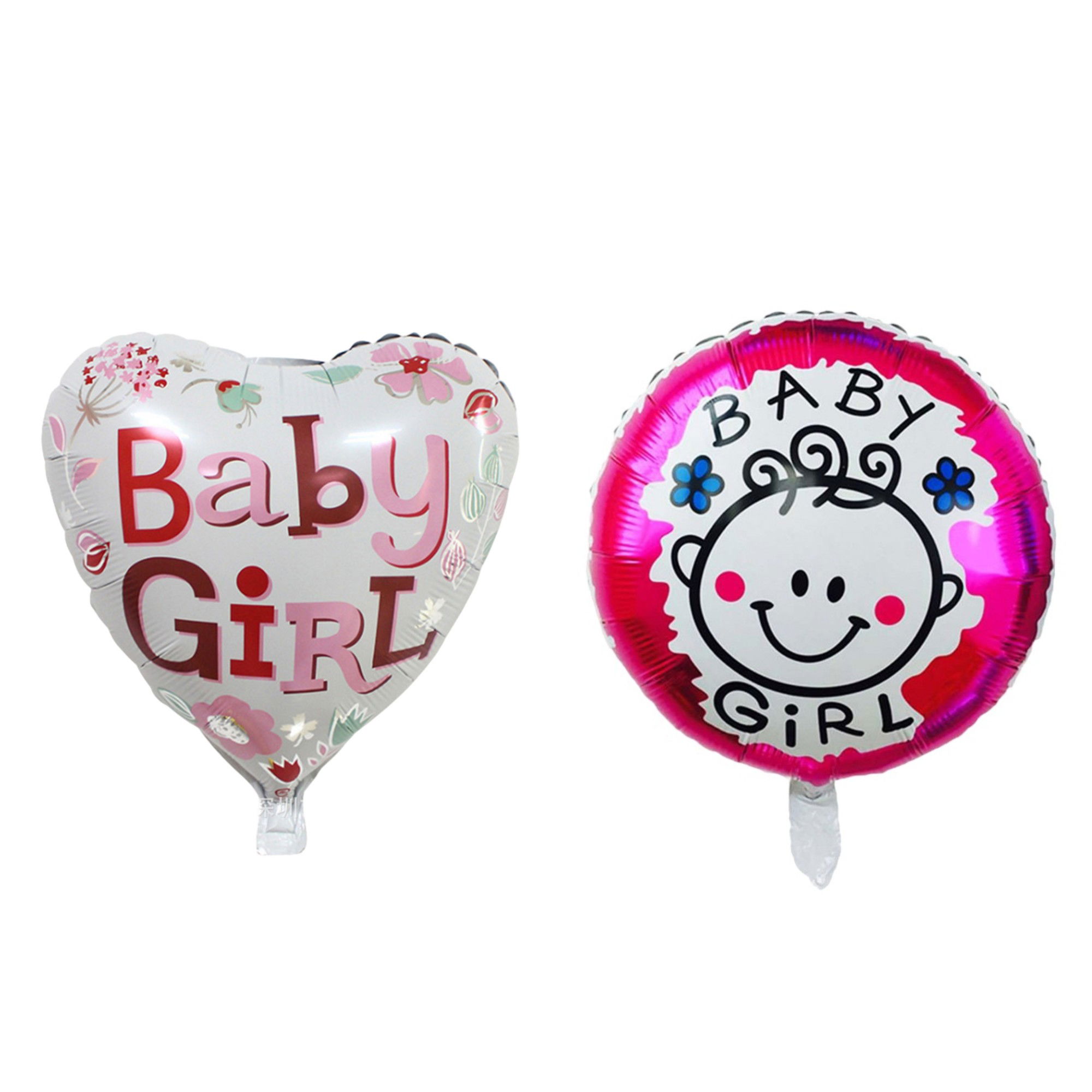 Tematica Fata/Baiat - Set 2 Baloane din Folie Metalizata, Flippy, Figurine Inima si Cerc, Tema Botez Fetita, 45 cm, Ambalaj Individual, Pai Inclus, Umflare cu Aer sau Heliu, Roz