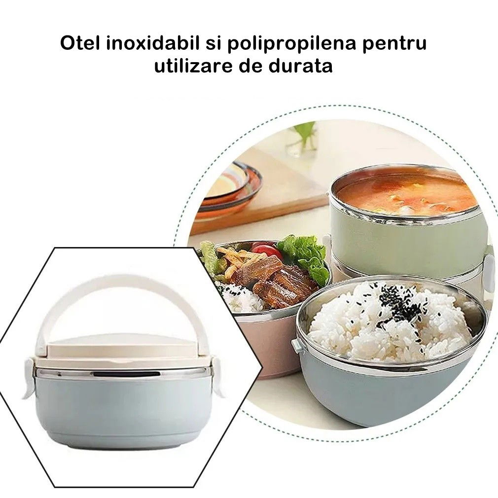 Organizatoare si Depozitare Bucatarie - Set 2 Caserole pentru alimente Flippy, lunch box, 1400 ml, otel inoxidabil, maner, valva aerisire, 15.5 x 15 cm, inchidere etansa, multicolor