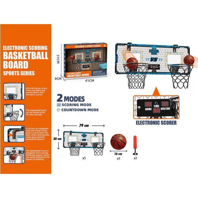 Set 2 Cosuri de Baschet pentru Copii, Flippy, cu Tablou de Bord Electronic, Pentru 2 Jucatori, Minge, Pompa, 2 Moduri, Interior/Exterior, Inel Metalic si Rabatabil cu Arc, Luminos, 60x31x6 cm, Multico [4]