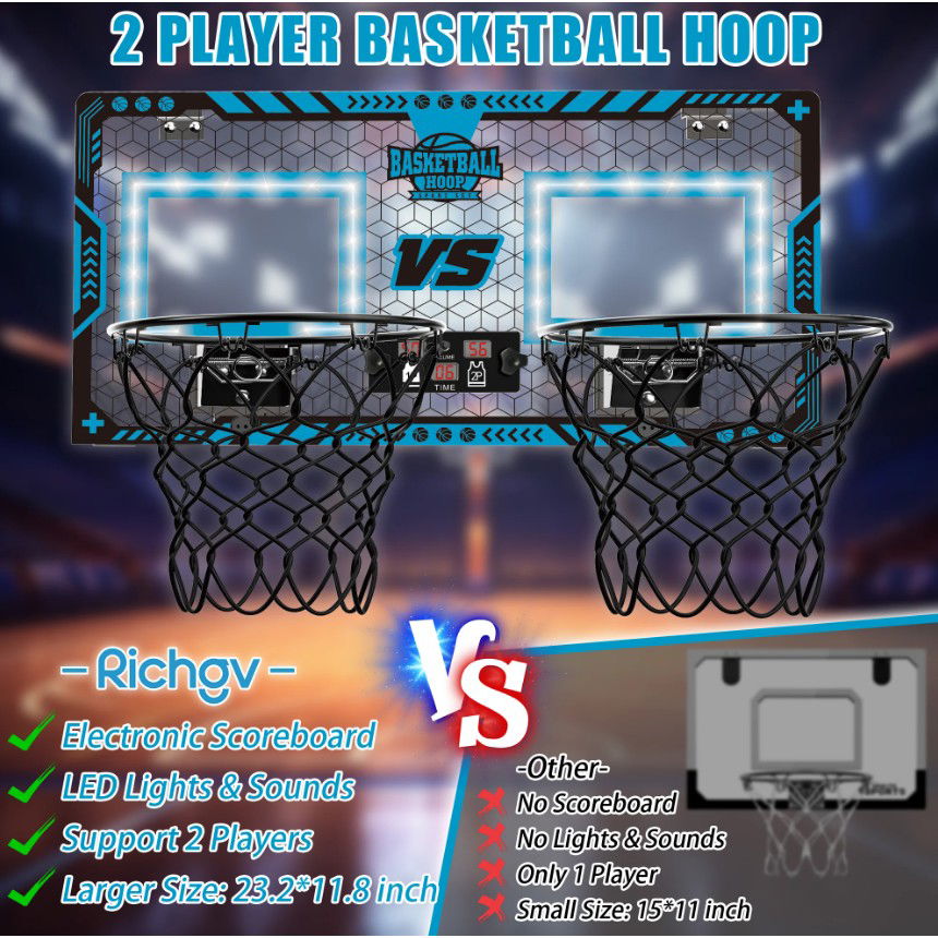 Set 2 Cosuri de Baschet pentru Copii, Flippy, cu Tablou de Bord Electronic, Pentru 2 Jucatori, Minge, Pompa, 2 Moduri, Interior/Exterior, Inel Metalic si Rabatabil cu Arc, Luminos, 60x31x6 cm, Multico [7]