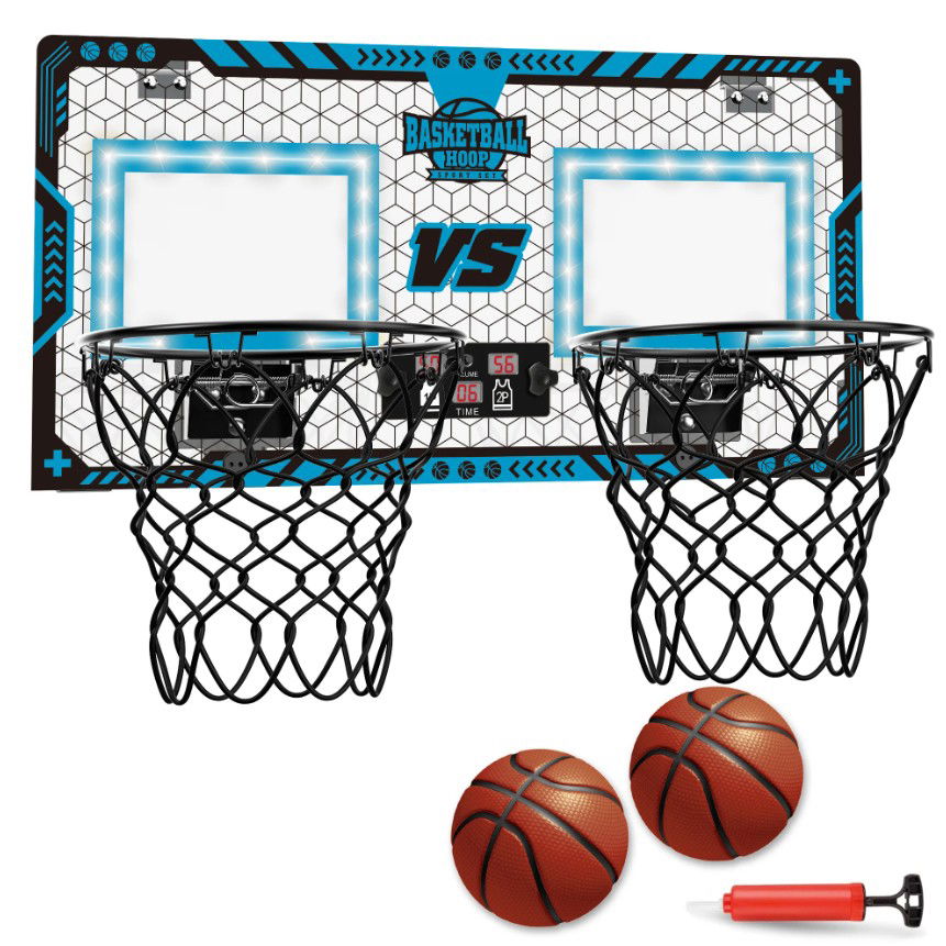 Set 2 Cosuri de Baschet pentru Copii, Flippy, cu Tablou de Bord Electronic, Pentru 2 Jucatori, Minge, Pompa, 2 Moduri, Interior/Exterior, Inel Metalic si Rabatabil cu Arc, Luminos, 60x31x6 cm, Multico [6]