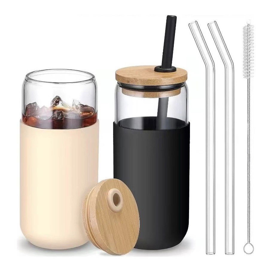 50 - 100 LEI - Set 2 Pahare din Sticla Termoizolante Transparente, Flippy, Capace si Paie Incluse, 500 mL, Silicon Negru si Crem