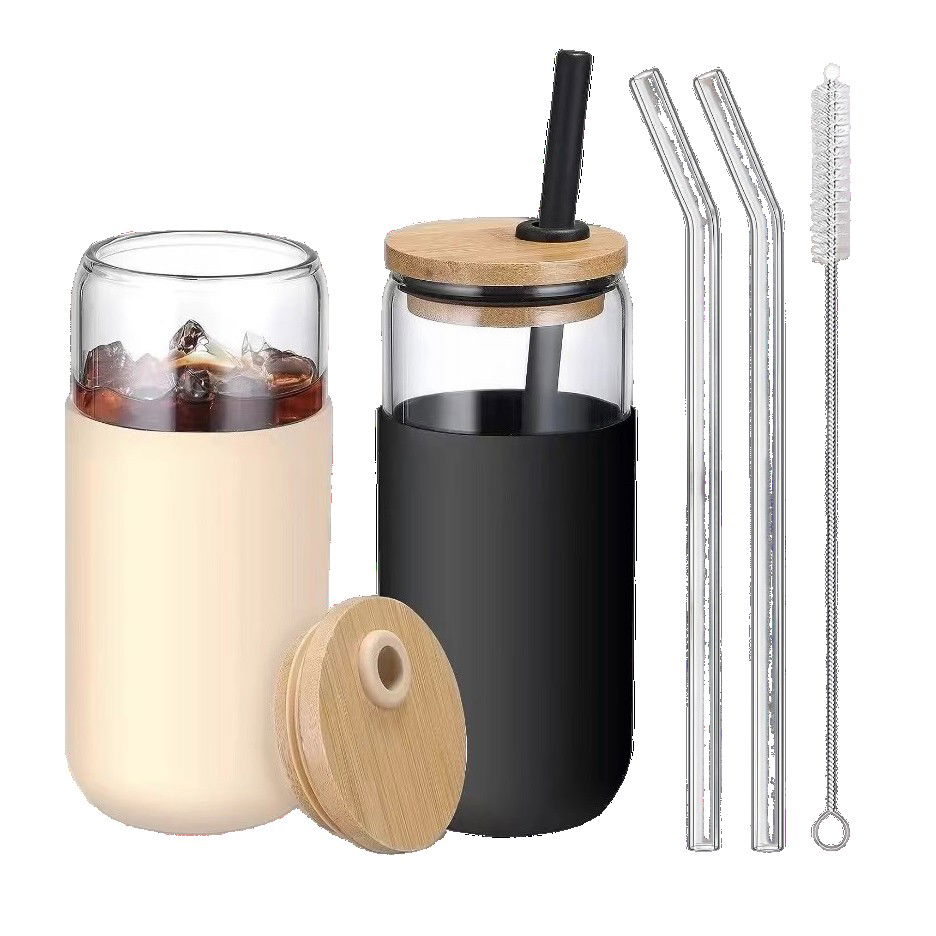 Pahare, Sticle si Cani - Set 2 Pahare din Sticla Termoizolante Transparente, Flippy, Capace si Paie Incluse, 500 mL, Silicon Negru si Crem