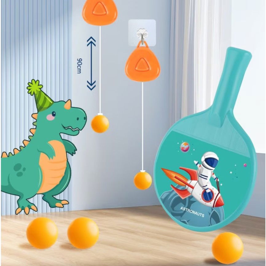 Jucarii interactive - Set 2 Palete de Tenis de Masa, Flippy, pentru Copii, Design Animat, Tematica Astronauti, Accesoriu de Agatat Inclus si 2 Mingi, Albastru