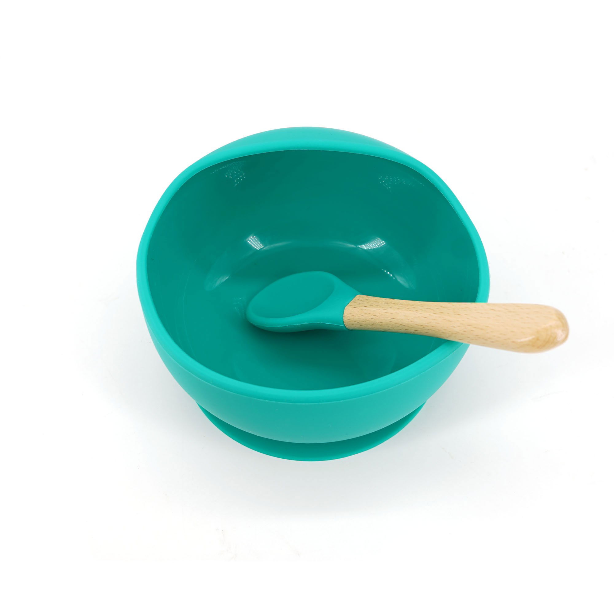 Articole Diverse copii - Set 2 piese diversificare bebelusi si copii din silicon Flippy, bol cu ventuza, lingurita din lemn si silicon, pentru gustari, fara alergeni, verde