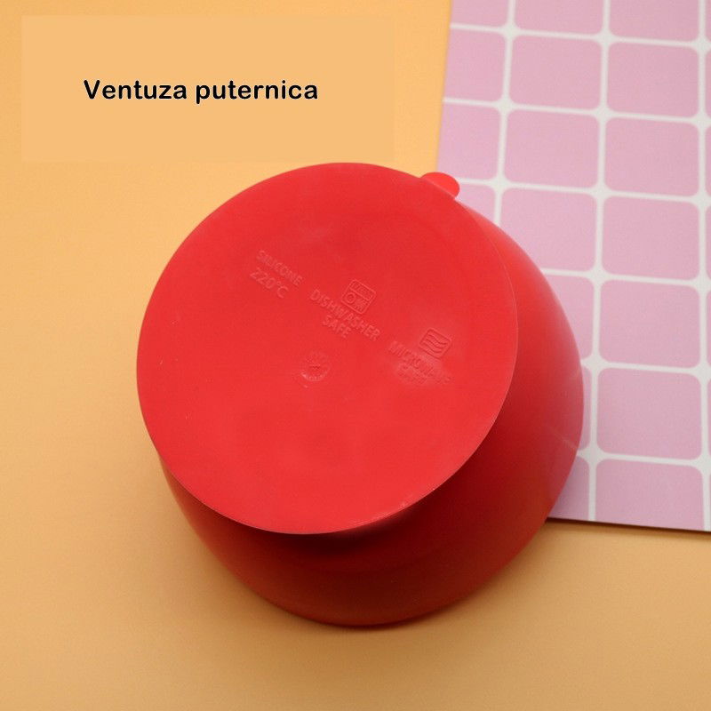 Set 2 piese diversificare bebelusi si copii din silicon Flippy, bol cu ventuza, lingurita din lemn si silicon, pentru gustari, fara alergeni, rosu [4]