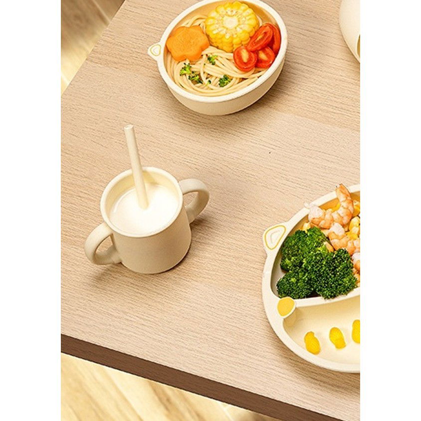 Articole Diverse copii - Set 2 Piese Hranire Bebelusi si Copii, Flippy, Cana cu Capac si Pai, din Silicon, fara BPA, de la 12 Luni, Model Pisicuta, 12 x 9.5 x 11 cm, Bej