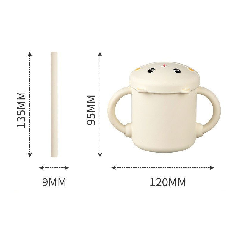 Set 2 Piese Hranire Bebelusi si Copii, Flippy, Cana cu Capac si Pai, din Silicon, fara BPA, de la 12 Luni, Model Pisicuta, 12 x 9.5 x 11 cm, Bej [4]