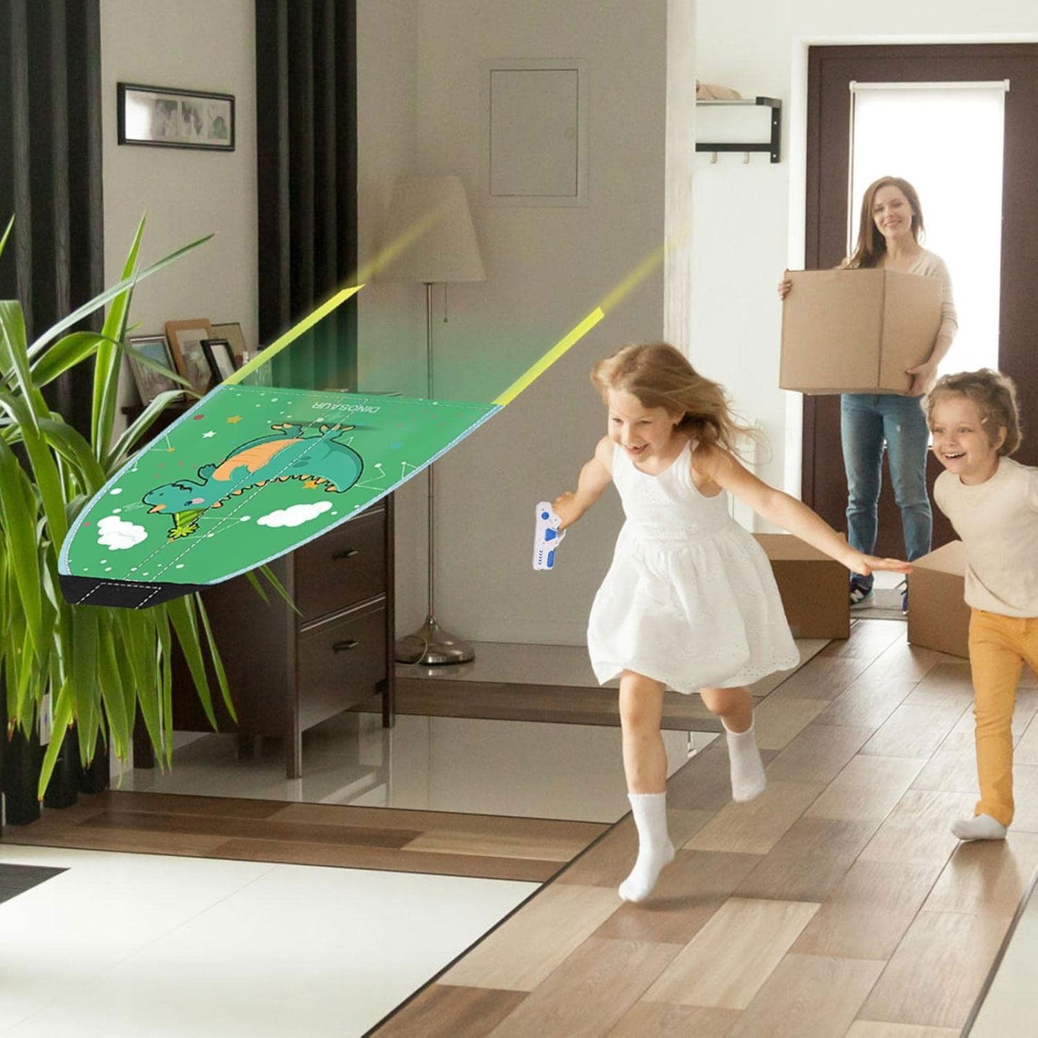 Jucarii interactive - Set 2 Piese Jucarie Interactiva, Flippy, Pistol de Catapultare + Zmeu, din Plastic si Panza, +8 Ani, Impermeabil, Model Dinozaur Verde, Multicolor