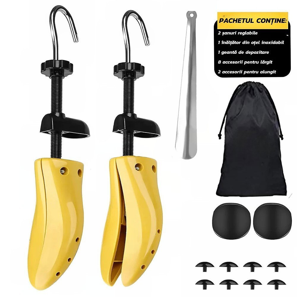 TeoMarket - Set 2 Sanuri/Calapoade Reglabilile, Flippy, pentru Alungit si Largit Pantofi, Geanta si Incaltator Incluse, Universale, Unisex, din ABS Premium, Arc, Marime 40 - 47, Galben/Negru
