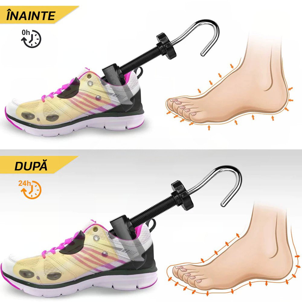 TeoMarket - Set 2 Sanuri/Calapoade Reglabilile, Flippy, pentru Alungit si Largit Pantofi, Geanta si Incaltator Incluse, Universale, Unisex, din ABS Premium, Arc, Marime 35 - 42, Galben/Negru