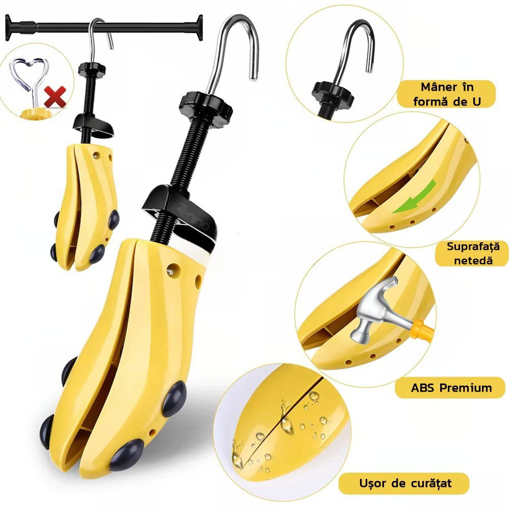 Set 2 Sanuri/Calapoade Reglabilile, Flippy, pentru Alungit si Largit Pantofi, Geanta si Incaltator Incluse, Universale, Unisex, din ABS Premium, Arc, Marime 40 - 47, Galben/Negru [4]