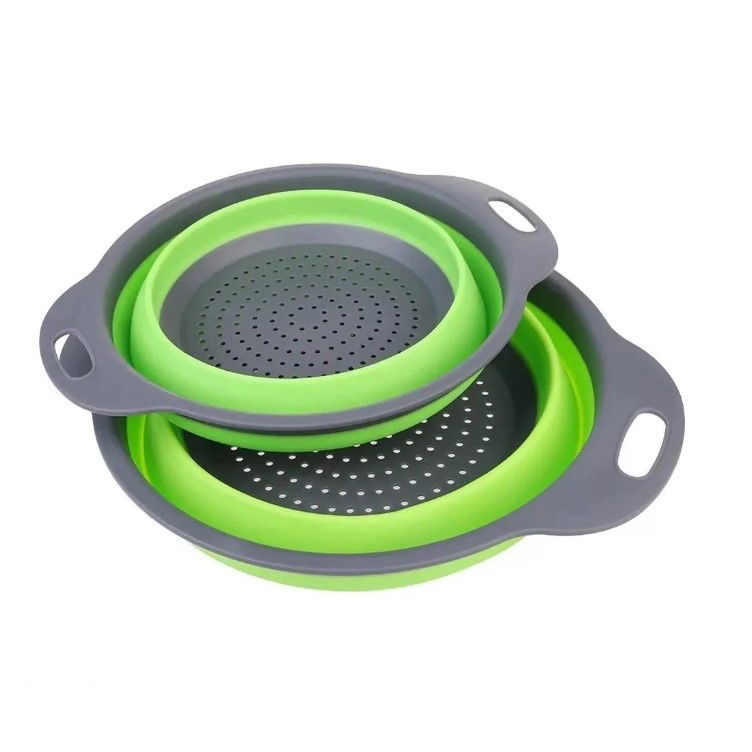 Pentru casa - Set 2 strecuratori pliabile din silicon alimentar Flippy, cu manere, fund antiaderent si antialunecare, rotunda, doua dimensiuni, usor de depozitat, compatibil cu masina de spalat vase, verde