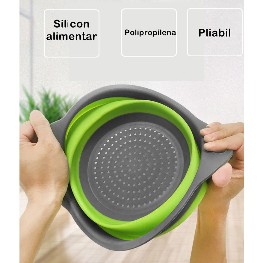 Pentru casa - Set 2 strecuratori pliabile din silicon alimentar Flippy, cu manere, fund antiaderent si antialunecare, rotunda, doua dimensiuni, usor de depozitat, compatibil cu masina de spalat vase, verde