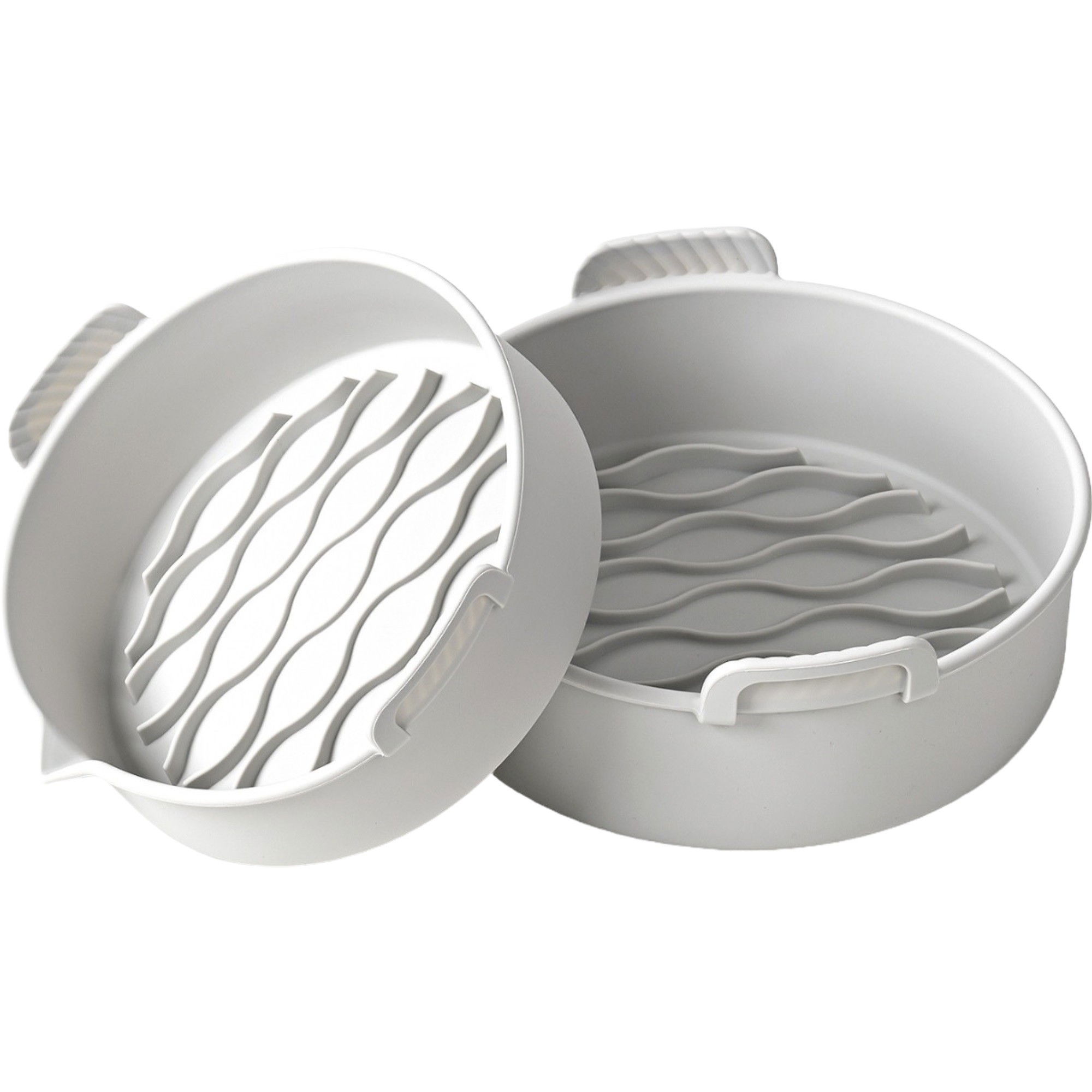 Pentru casa - Set 2 tavi din silicon ecologic pentru air fryer Flippy, temperatura maxima 230 grade, reutilizabile, reciclabile, cu manere anti-alunecare, fund antiaderent, 18.7 x 19.5 x 7 cm, gri