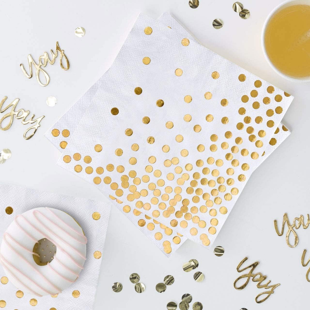 Set 20 de Servetele de Masa, Flippy, Imprimeu cu Buline Aurii, din Hartie, 17 x 17 cm, Alb [3]