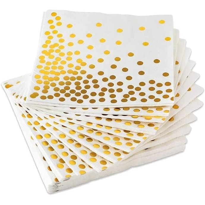 10 - 25 LEI - Set 20 de Servetele de Masa, Flippy, Imprimeu cu Buline Aurii, din Hartie, 17 x 17 cm, Alb