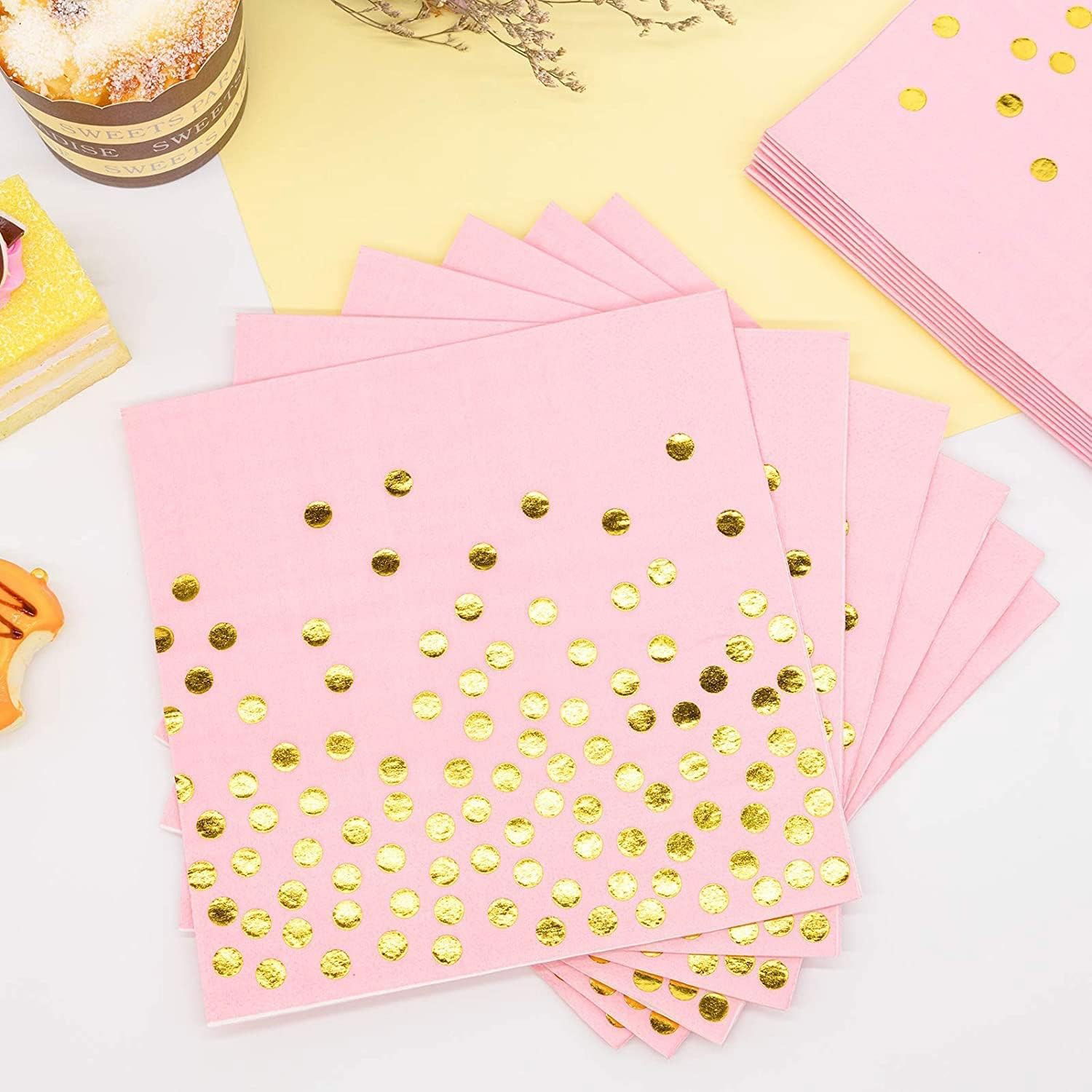 Set 20 de Servetele de Masa, Flippy, Imprimeu cu Buline Aurii, din Hartie, 17 x 17 cm, Roz [6]